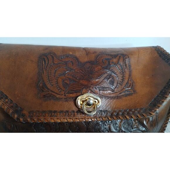 Vintage BOHO Handcrafted Stitched Tooled Leather Saddlebag Purse Floral Design - Picture 4 of 10